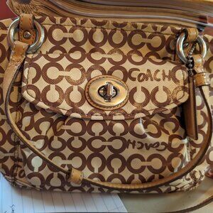 Authentic Coach Leah Optic Art Coated Canvas Brown Ivory Leather Handles 13141